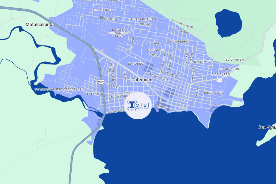 Mapa de ubicación del Hotel del Lago en el Malecón de Catemaco, Veracruz